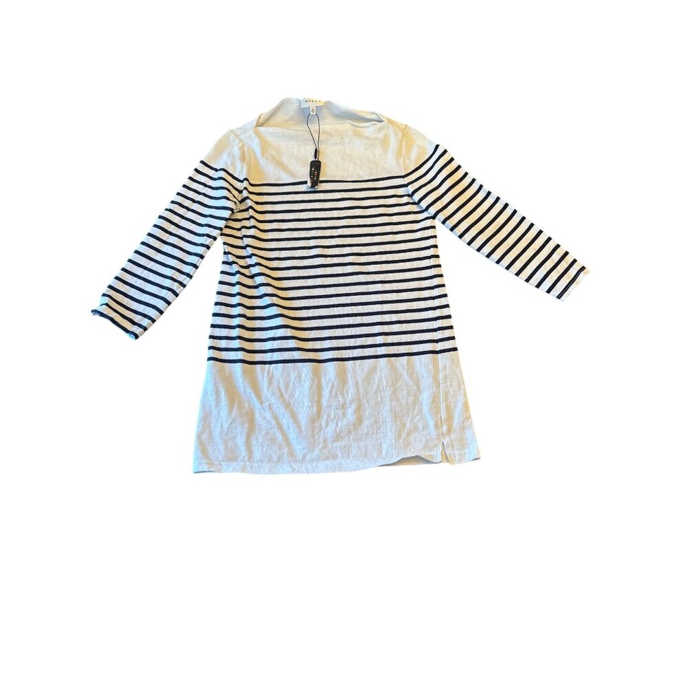 Milly Knit Top White Navy Blue Striped Boat Neck 3/4 Sleeve Side Slit Cotton P
